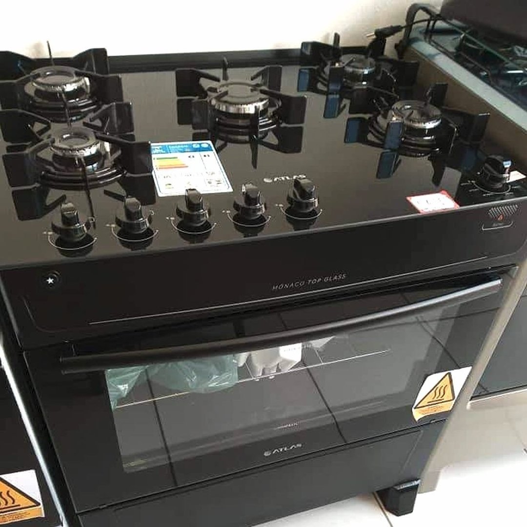 Fogão 5 Bocas Mesa de Vidro Atlas Mônaco Top Glass Acendimento Automático Preto - Bivolt