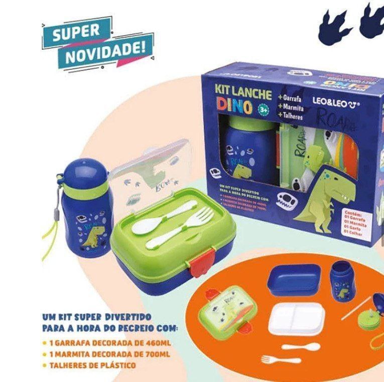 KIT LANCHE DINO GARRAFA PLÁSTICA 500ML + MARMITA 700ML - CAIXA C/ 1 KIT LEOELEO