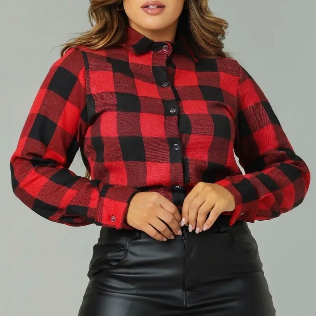Camisa Feminina Xadrez Flanelada Com Botões E Manga Longa