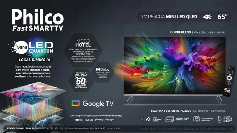 Smart Tv Philco 65 P65cga Qled Mini Led Quantum 4k Uhd Google Tv Wifi Bluetooth 110/220v