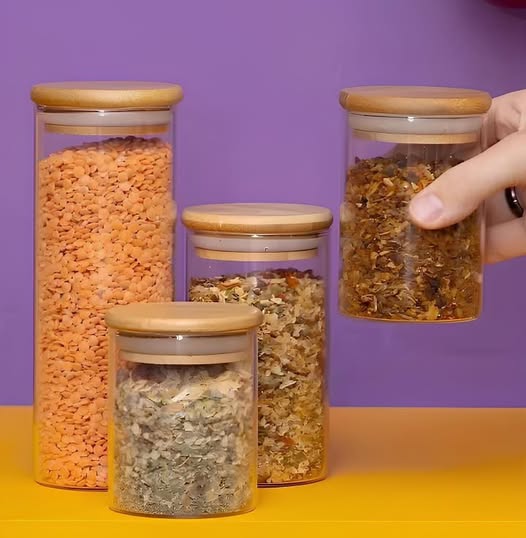 🤓Kit 4 potes de vidro tampa de bambu herméticos redondos - Tüd - TUD