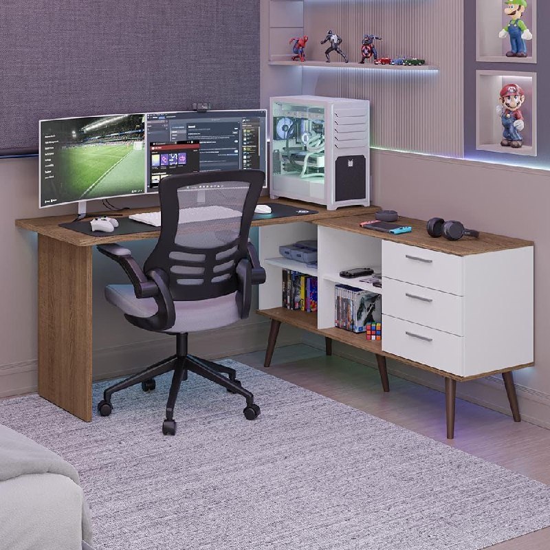 Mesa para Computador Gamer em L 3 Gavetas Branco/rustic Lisboa Madesa