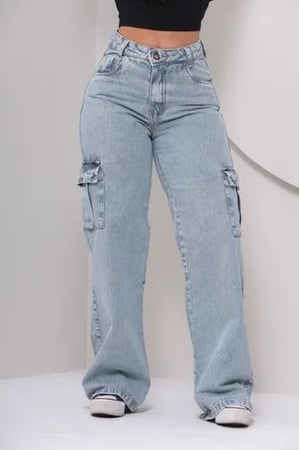 Calça Jeans Feminina Cargo Levanta Bumbum Cintura Alta