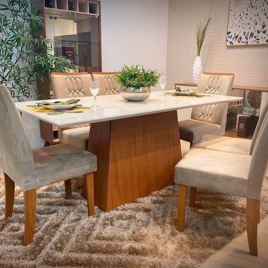 Mesa de Jantar Copenhague Tampo de Vidro 6 Cadeiras (Suporta 130kg) - Freijó e Off White