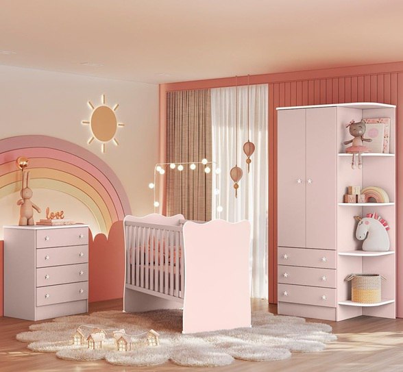 Quarto de Bebê Doce Sonho Completo Qmovi Rosa Acetinado