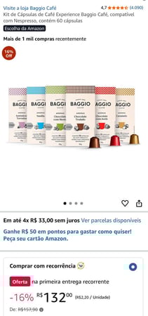 Kit de Cápsulas de Café Experience Baggio Café, compatível com Nespresso, contém 60 cápsul...