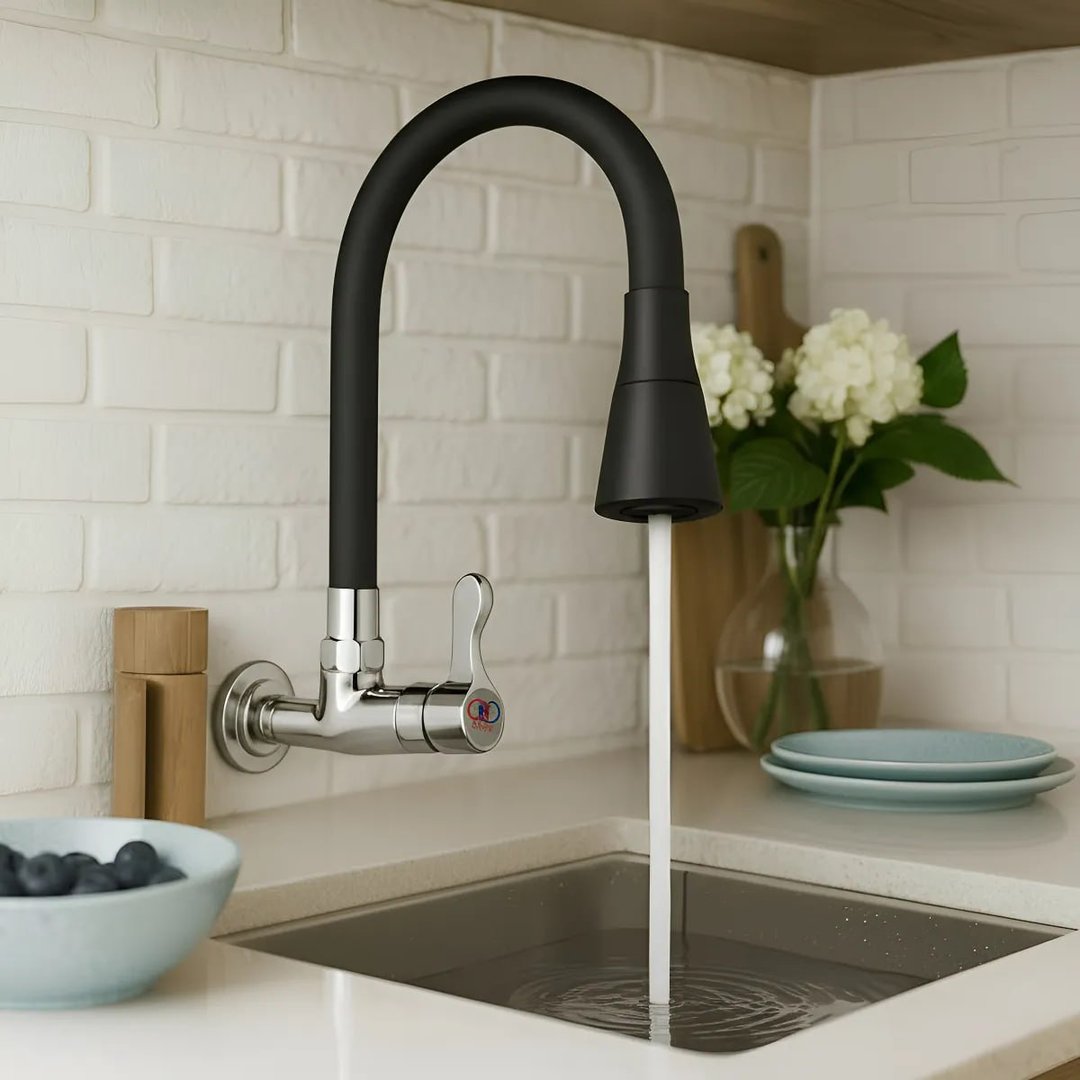 Torneira Gourmet Luxo Flexível Cozinha Parede 2 Jatos Pia Metal Cor Aço Inox E Preto- Marc...