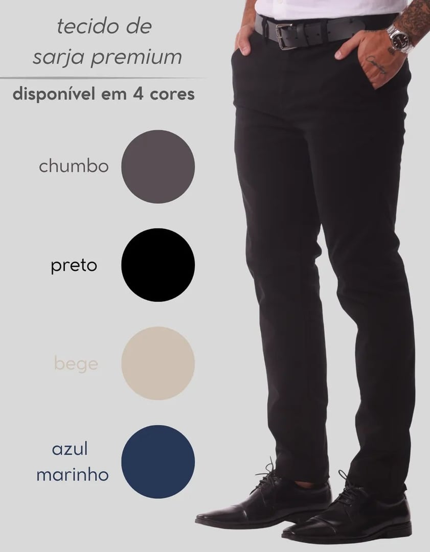 Calça Sarja Masculina Social Slim Elastano Bolso Embutido Sarja Preta 42
