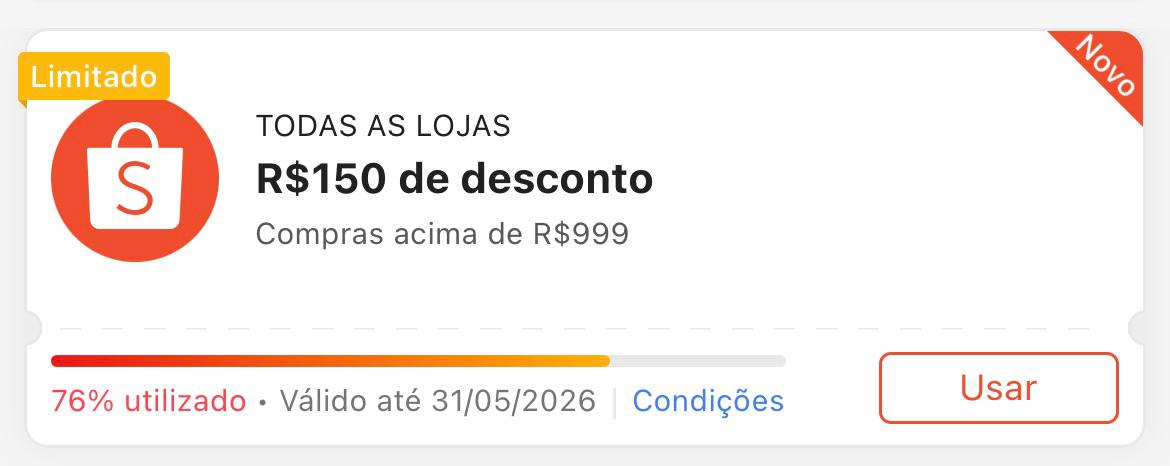 Cupom R$ 150 a partir de R$ 999 - Shopee