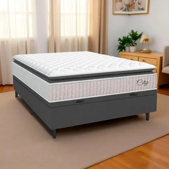 Cama Box Baú Colchão Casal Molas Ensacadas City Pillow Top 138x188x64cm Branco / Cinza Hellen - Suporta até 110kg por Pessoa