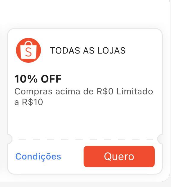 Cupom 10% Limitado a R$ 10 - Shopee