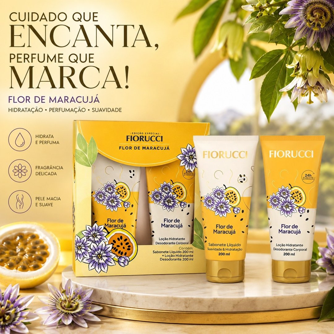 FIORUCCI Kit Sabonete Líquido 200ml + Loção Hid. 200ml FLOR DE MARACUJA