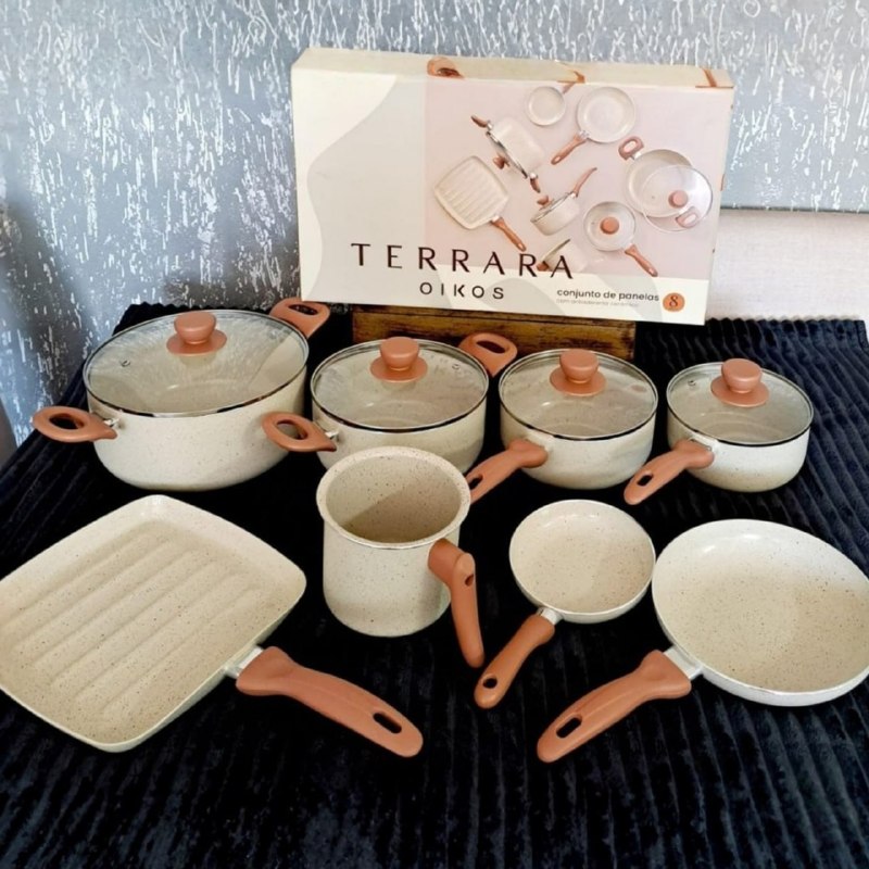 Oikos - Jogo 8 Panelas Antiaderente Cerâmico em Alumínio Bege Terrara