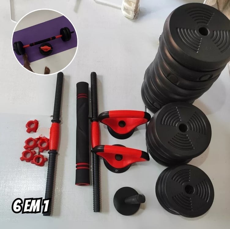 Kit Haltere 6 em 1 Ajustável para Musculação - 15kg Preto - Multifuncional com Barra e Ket...