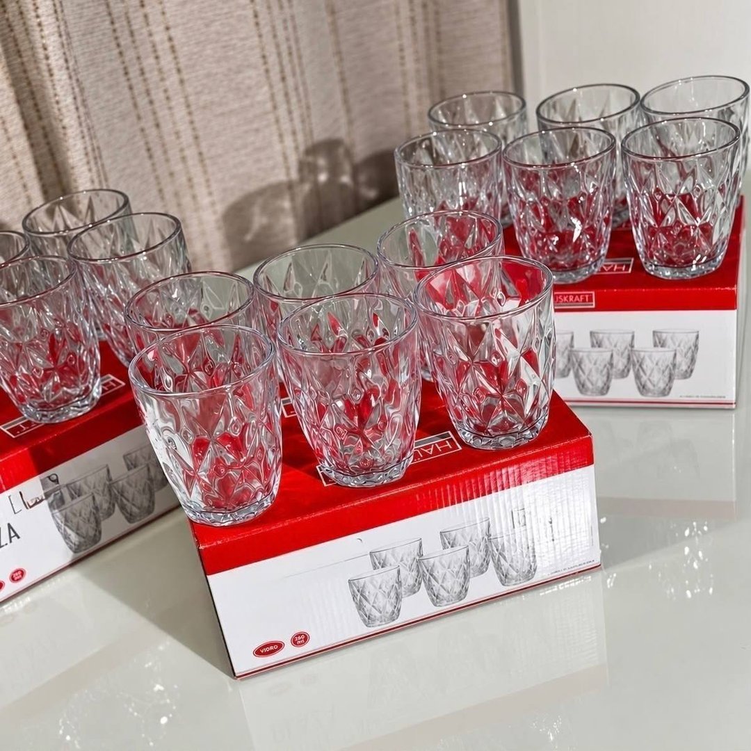 Kit 12 Copos Diamond 300ml Transparente Luxo Vidro Copo Diamante Cristal Suco Agua Vinho - Star House