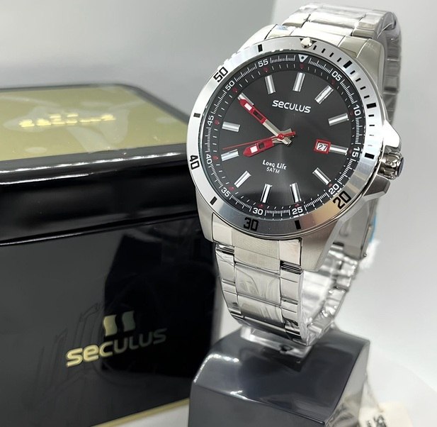 Relógio Seculus Masculino Casual Robustro Mostrador Preto Analógico Prateado