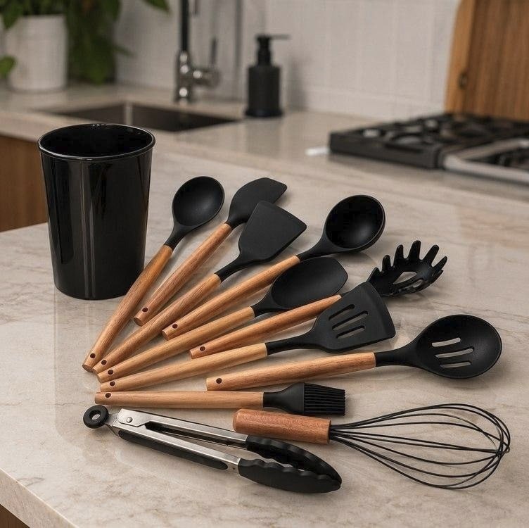 Kit 12 Utensílios De Cozinha Em Silicone E Cabo De Madeira Jogo De Utensílios Resistente ao Calor Antiaderente Premium GAXMARK
