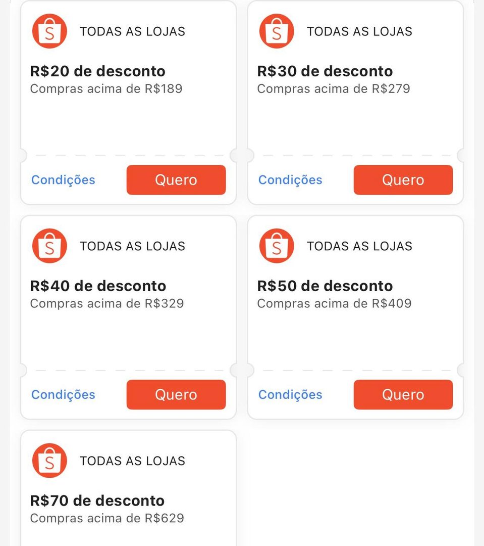 Vários Cupons Liberados - Shopee