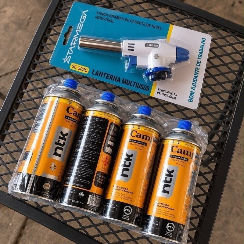 Kit Maçarico Portátil Automático Liderança Ferro E Aço para 1300°C com 4 Refis de Gás Butano