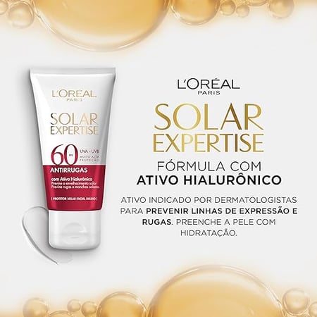 L'Oréal Paris Solar Expertise Antirrugas FPS60 com Ativo Hialurônico, Protetor Solar Facia...