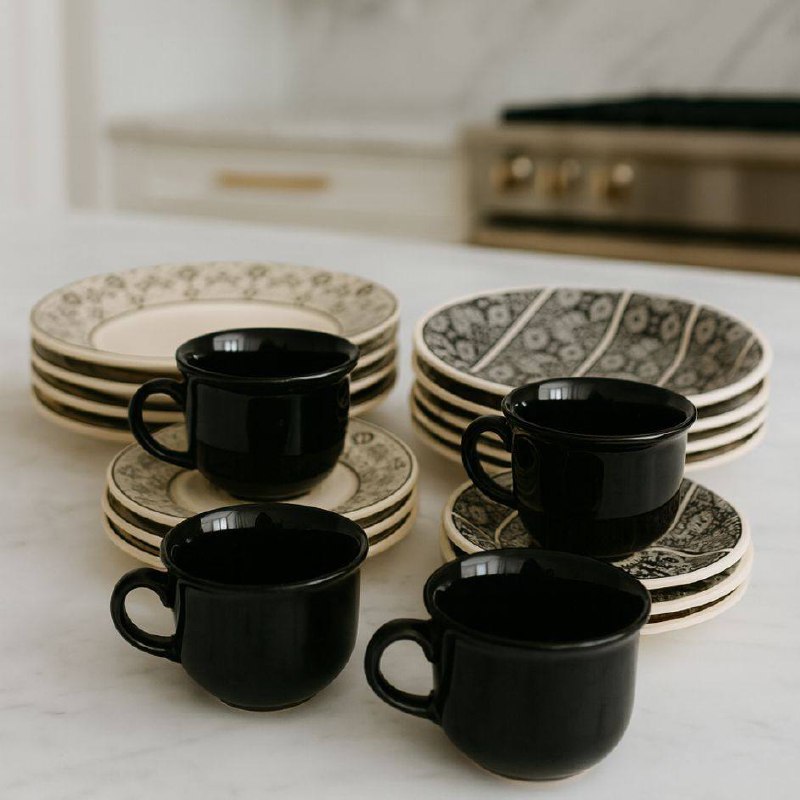 Aparelho de Jantar e Chá 20 Peças Biona de Cerâmica Redondo Bege e Preto Donna