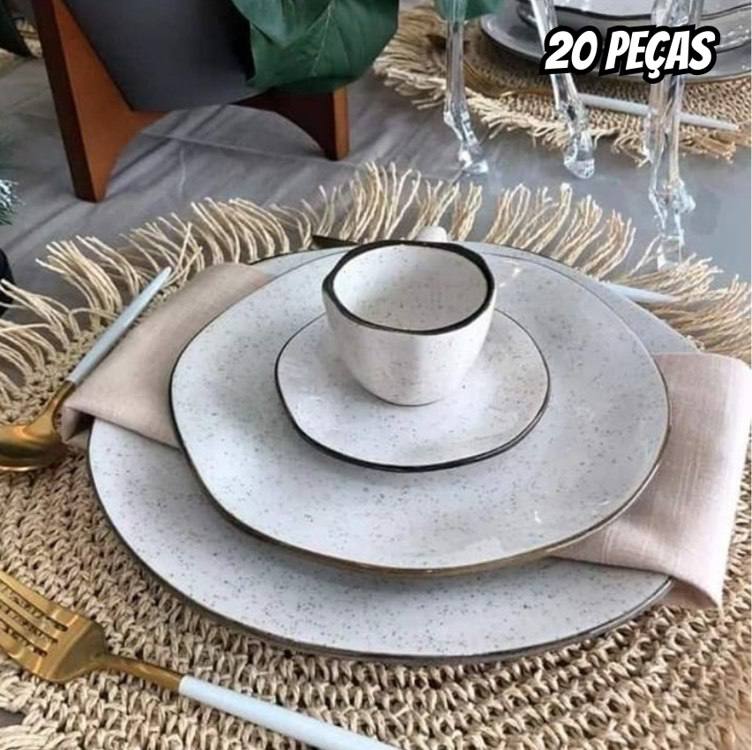Aparelho de Jantar e Chá Ryo Maresia 20 Peças Off White e Marrom Oxford