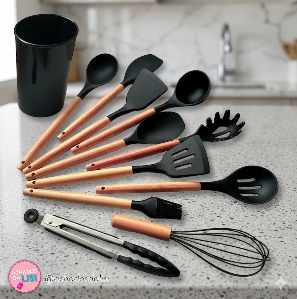 Kit C/12 Utensílios De Cozinha Silicone Cabo Madeira