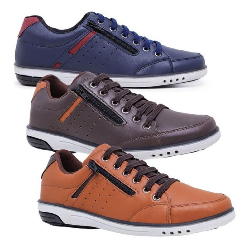 Kit 3 Pares Sapatênis Masculino Fechamento Elastico E Ziper