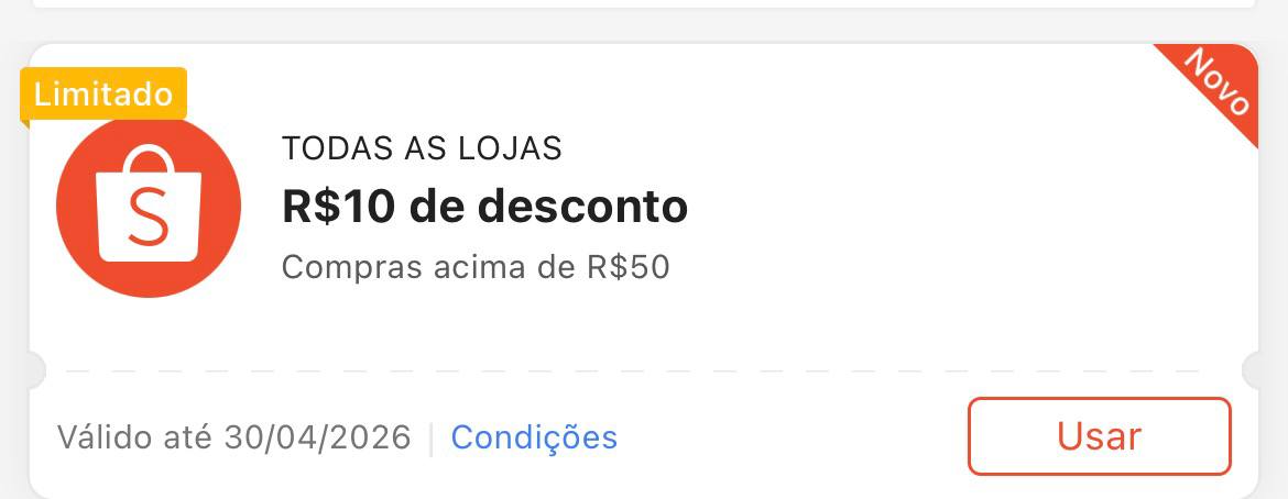 Cupom R$ 10 a partir de R$ R$ 50 - Shopee