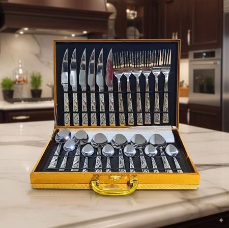 Kit Faqueiro Talheres Com Maleta 24 Peças Em Inox C/ Dourado - 99mx