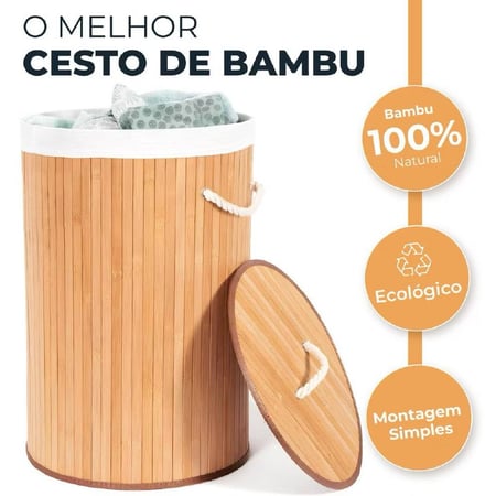 Cesto De Roupas Bambu Redondo Banheiro Lavanderia