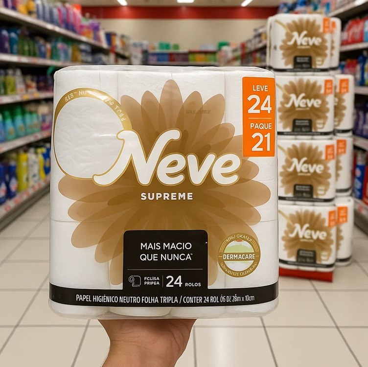 Neve Papel Higiênico Supreme Folha Tripla, 20m, Leve 24 Pague 21 Rolos