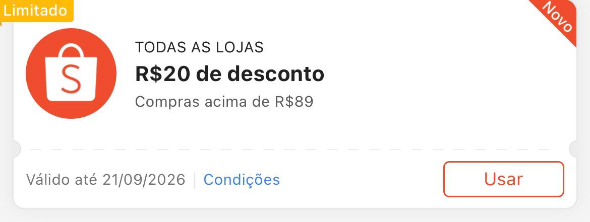 Cupom R$ 20 a partir de R$ 89 - Shopee