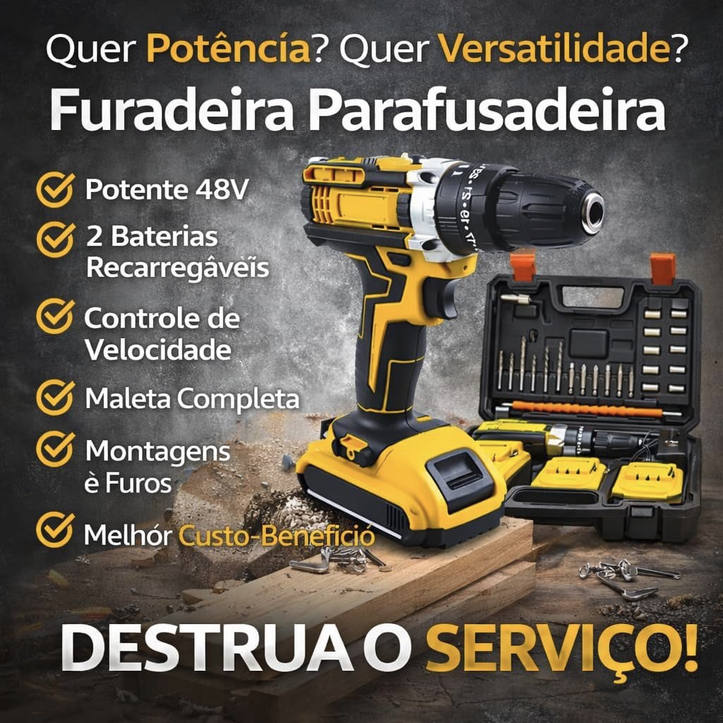 Parafusadeira e Furadeira 48V Sem Fio com Impacto Mandril 10mm Torque 32Nm 2 Baterias R...