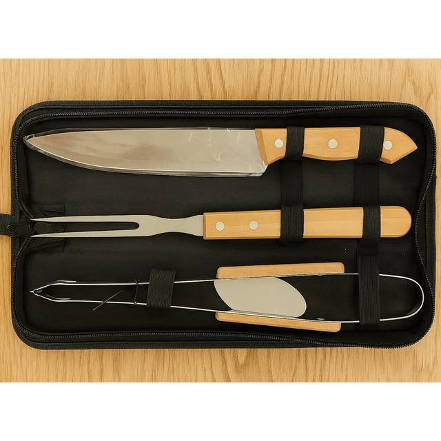 Kit Churrasco 4 Peças Aço Inox Garfo Faca Pegador Estojo