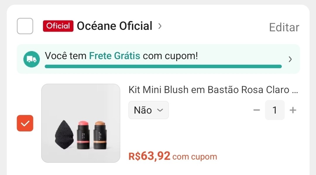 Kit Mini Blush em Bastão Rosa Claro + Mini Contorno em Bastão Marrom Claro + Mini Esponja ...