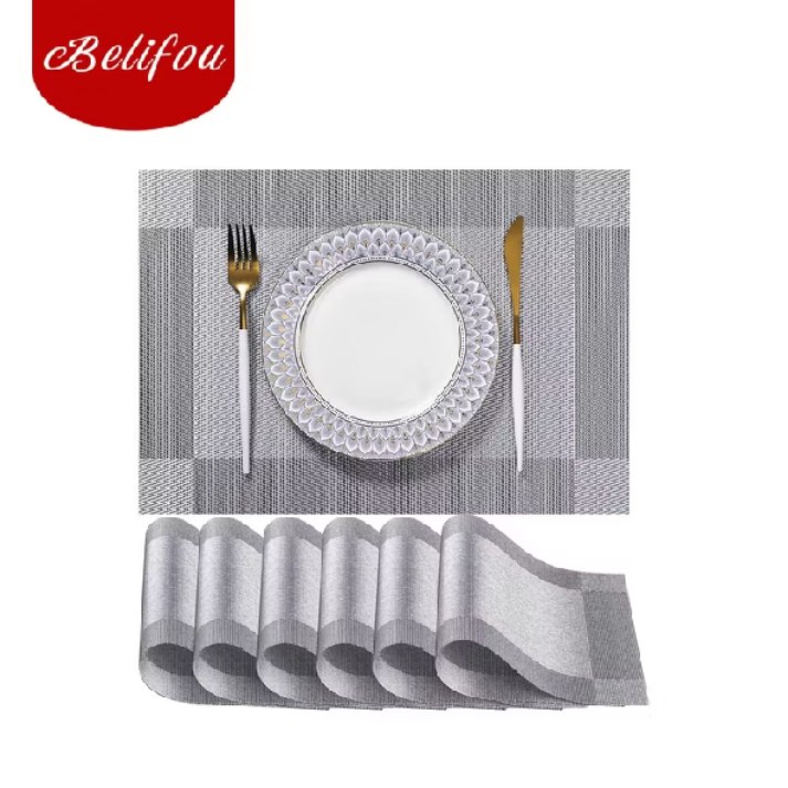 Belifou Kit 6 Mesa Jogos Americanos E Descanso PVC Retangular Prata - Matio Fácil De Lavar