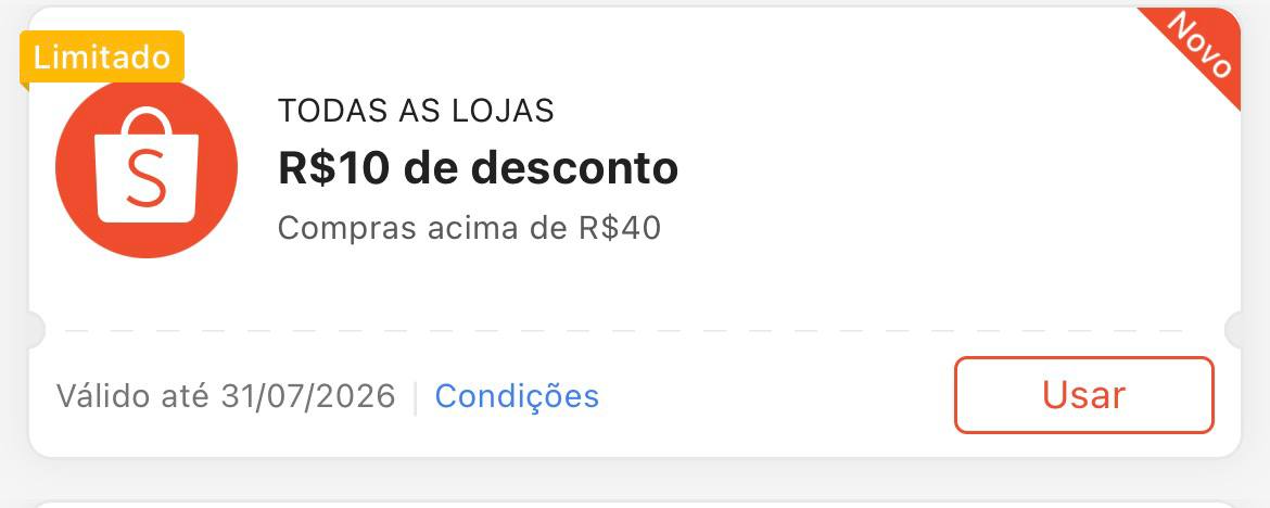 Cupom R$ 10 a partir de R$ 40 - Shopee