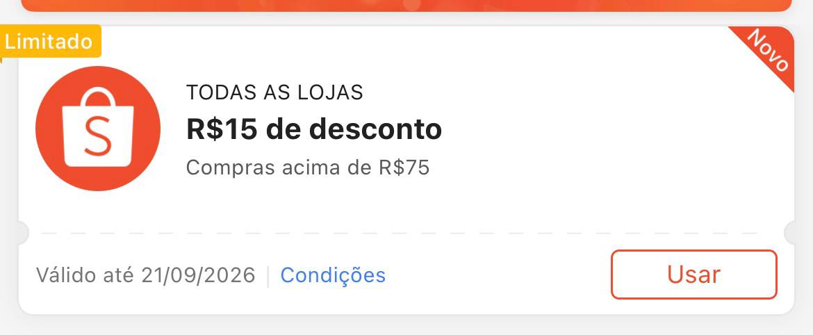 Cupom R$ 15 a partir de R$ 75 - Shopee