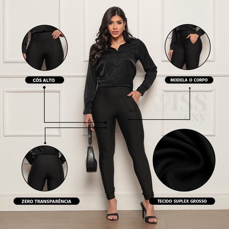 Calca Legging Montaria Com Bolso Cintura Alta Skinny Casual