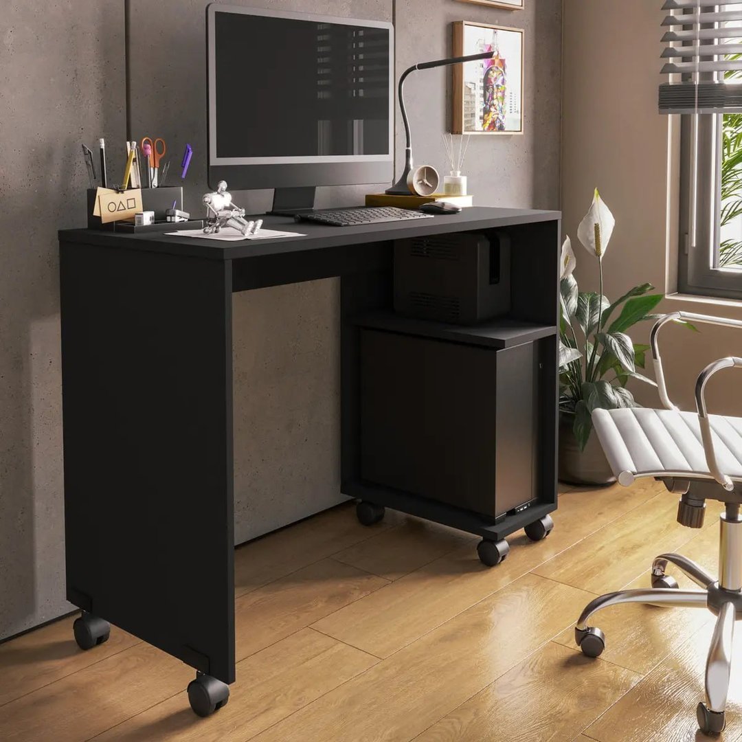 Escrivaninha Beauty Mesa Computador Notebook Nicho Para Gabinete E Rodízios - Preto