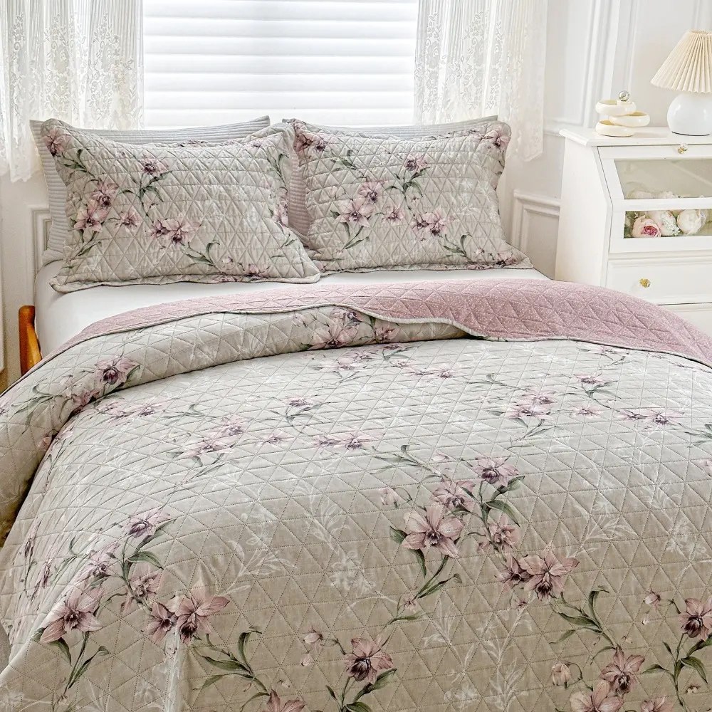 Kit Colcha Casal Bouti Cobre Leito Estampado 3 Pçs Arabesco Floral