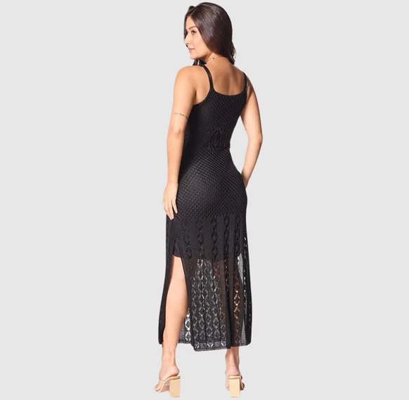 Vestido Swisz Longo Tricot Alcinha Fenda Elegante  - Branco ou Preto