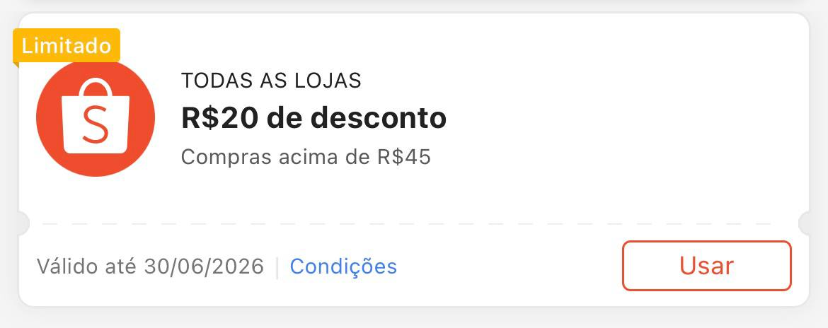 Cupom R$ 20 a partir de R$ 46 - Shopee