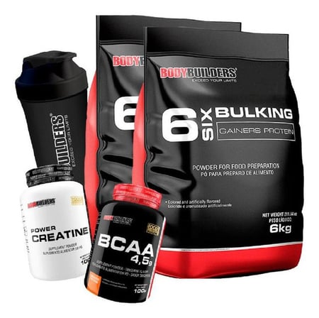 Kit 2x Hipercalórico 6 Bulking 6kg + Creatina + Bcaa +shaker Sabor Morango