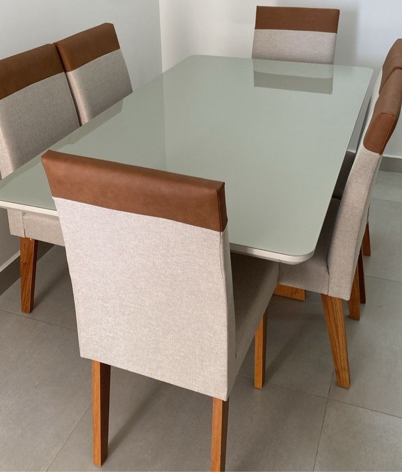 Mesa de Jantar 6 Cadeiras Retangular Tampo de MDF com Vidro Mel e Off White Viena
