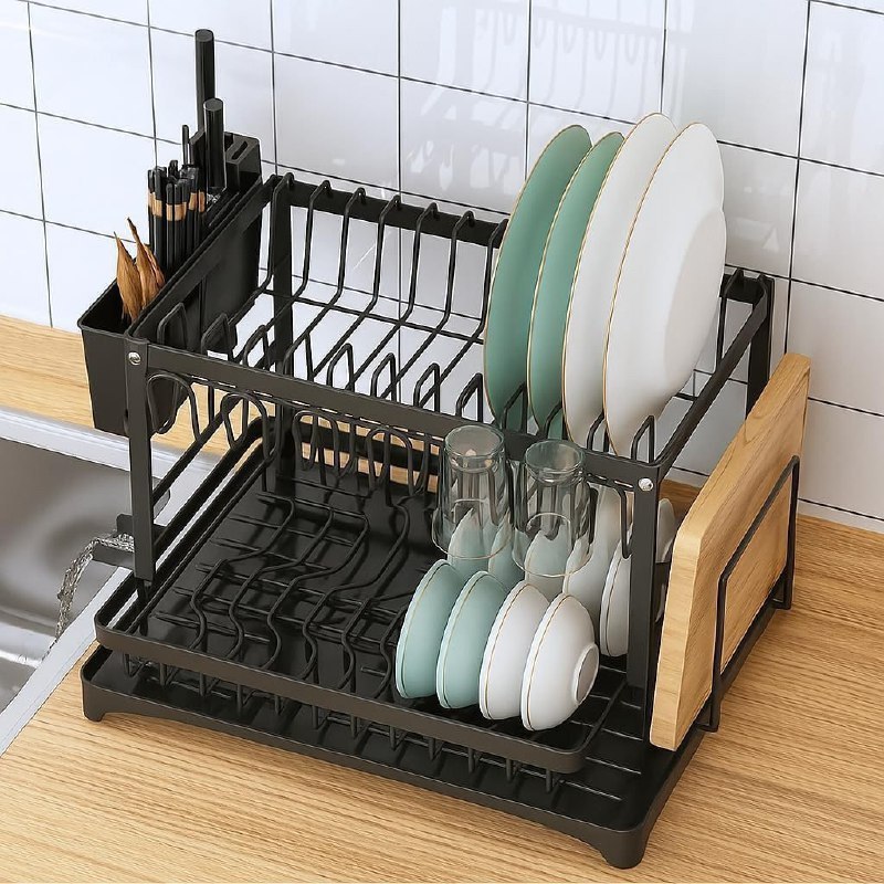 Escorredor de Louça em Aço Carbono Preto com Bandeja de Drenagem, Suporte para Copos, Talh...