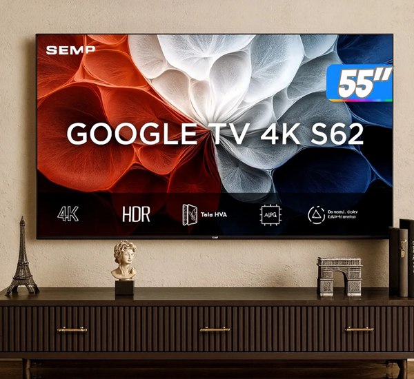 Smart TV 55" SEMP 4K LED 2025 HDMI USB Google TV AiPQ Pro Google Assistente Comando de Voz