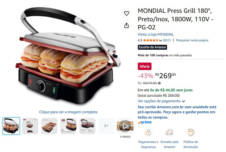 MONDIAL Press Grill 180°, Preto/Inox, 1800W, 110V - PG-02