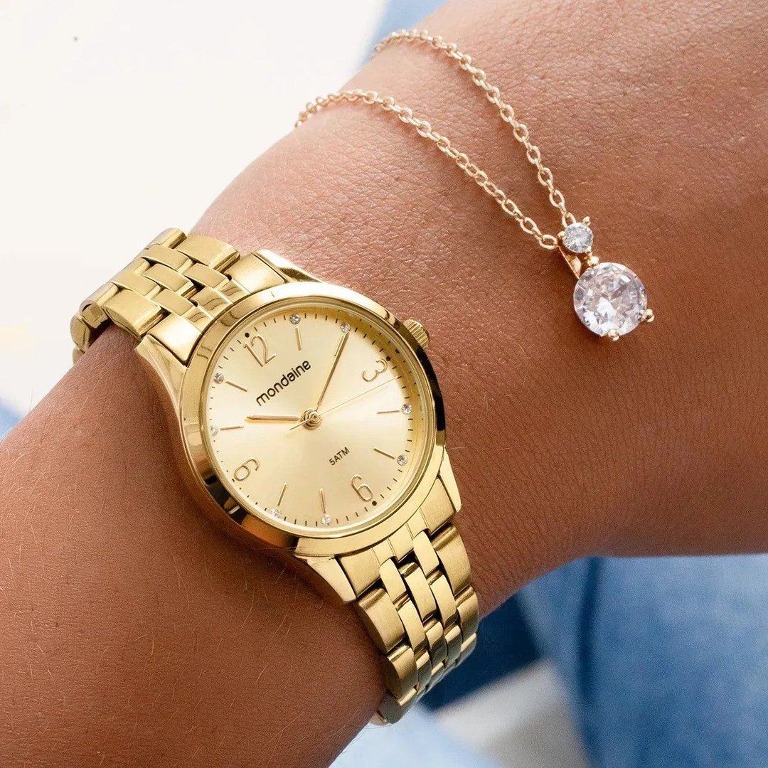 Kit Relógio Mondaine Pequeno Dourado E Colar De Cristal 32720lpmkde1k1